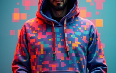 A trendy, fashionforward pixel print hoodie in vibrant colors, featuring a unique digitalinspired design. Generative AI. High quality