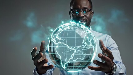 futuristic business visionary, innovative executive analyzing holographic world in modern studio setting, dynamic entrepreneur engaged in hightech exploration with neon map and data networks - Powered by Adobe