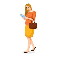 Young woman reading product packaging while standing, cartoon style on white background. Concept of consumer awareness. Vector illustration