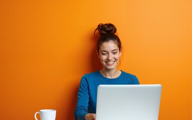 Young woman with a cheerful expression using a laptop against an orange background, wearing a stylish blue top. High quality