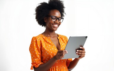 Young beautiful smiling African American woman holds tablet. Wearing glasses, orange floral dress. Posing against white studio backdrop. Online shopping, e-learning. Video conference, online