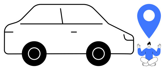 Minimalist car outline, blue location pin, meditating individual in seated pose. Ideal for navigation, driving ease, mindfulness on roads, commute stress relief, travel, self-care simple flat
