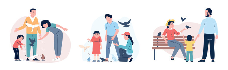 Family feeding birds. Mother father and children giving seeds to flying and walking bird. Outdoor entertainment, walk with parents on nature, vector scenes