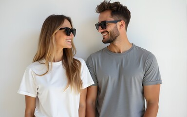 A beautiful woman with long hair and sunglasses stands next to her boyfriend in a plain white t-shirt and gray t-shirt, mock-up photography for an online store of a minimalist bran. High quality