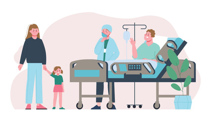 Family visit to hospital. Mother and daughter come to look at father. Medicine concept, healthcare. Adults and children, doctor character, vector scene