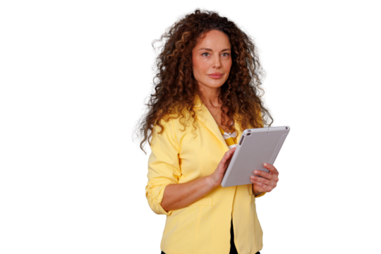 Businesswoman with curly hair using tablet for corporate communication and financial planning on transparent background - Powered by Adobe