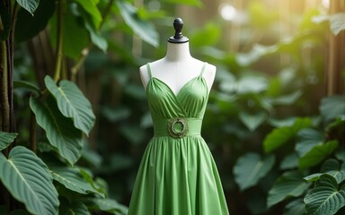 Eco Friendly Fashion, Green Mockup Dress on a Mannequin Amidst Lush Greenery. High quality
