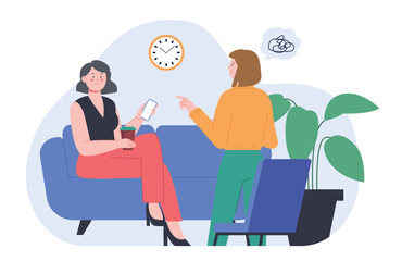 Woman talking about problems. Female chatting. Psychologist session with client. Finding troubles solution, new look on lifestyle, girl support, vector concept