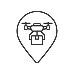 Thin line delivery drone with package icon inside teardrop pin, black vector representing last-mile logistics, smart delivery, and modern supply chain transport.