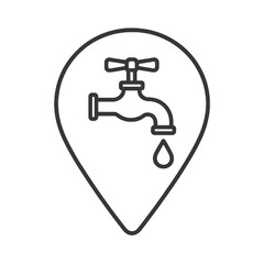 Minimalist tap and droplet outline in map pin, black vector for drinking water apps, conservation tools, and hydration services.