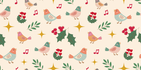 Whimsical seamless pattern featuring singing birds, holly, berries, leaves, stars, and music notes in soft festive colors. Perfect for holiday designs and seasonal decor.