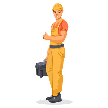Male construction worker in yellow uniform and helmet holding toolbox and giving thumbs up, cartoon style on white background. Vector illustration