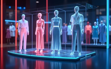 Holographic clothing selection interface showcasing glowing neon fashion display for a seamless personalized virtual shopping experience  Cutting edge digital retail technology concept. High quality