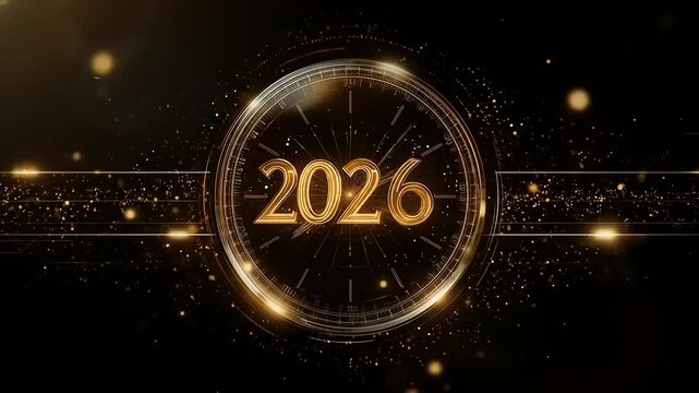 2026 Countdown with Clock  Golden Particles.