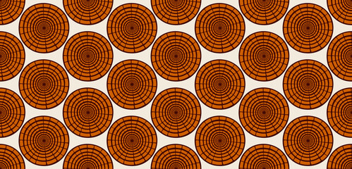 Repeating circular motif resembling stylized tree rings in warm orange tones. A bold geometric pattern ideal for textiles, wallpapers, and modern decorative projects. Vector art