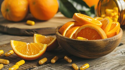 Fresh orange slices in a wooden bowl with scattered capsules on a rustic wooden surface. Oranges are whole and sliced, showcasing vibrant color and texture.