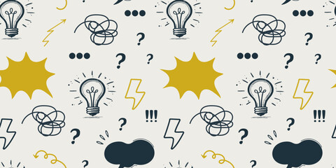 Playful seamless pattern featuring lightbulbs, question marks, speech bubbles, scribbles, and energetic doodles in bold contrasting colors. Ideal for creative themes and educational designs.