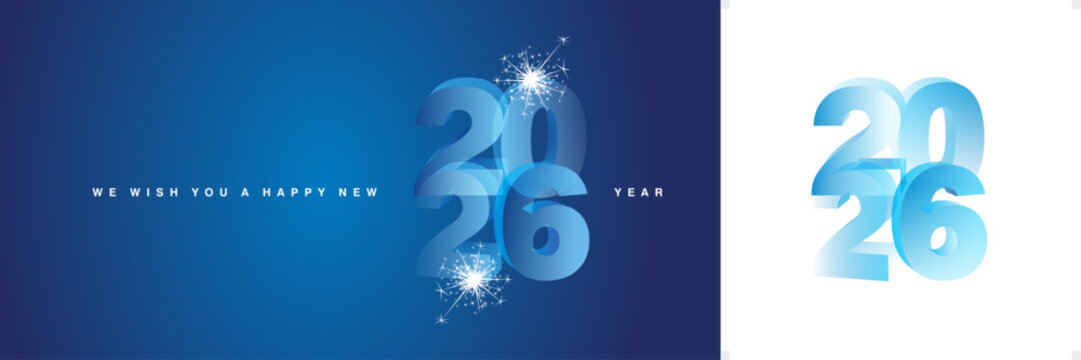 We wish you a Happy New Year 2026 with sparkle firework. Modern 3D light blue transparent glass numbers shape of 2026 on blue background