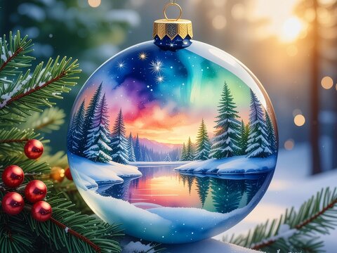 Christmas scene with an orname nt featuring a winter landscape. Design for christmas cards, greetings, social media, blogs, article illustrations, posters, digital wallpapers