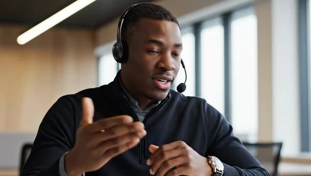 Computer, technical support and man talk in call center for troubleshooting, contact us or help desk. Headset, consultant and speaking for customer service, software feedback or IT solution with crm