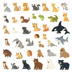 Fototapeta premium Cute predator animal set featuring tigers, wolf, puma and bears, predator animal set illustration perfect for kids learning, posters, stickers, toys and educational wildlife designs.