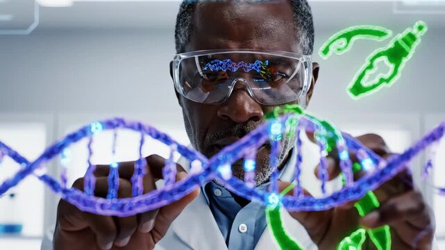 male researcher manipulating crispr hologram and gene models in modern lab, safety eyewear, focused precision with virtual overlays, green editing markers, hightech gene therapy setup