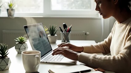 remote worker typing by sunlit window with steaming coffee, woman at minimalist home desk surrounded by potted plants and notebook, soft natural backlight, focused posture and gentle morning routine,