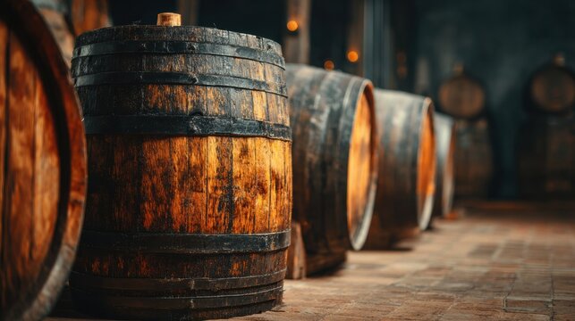 Barrels Age Wine in Dimly Lit Cellar Showcasing Rustic Textures and a Premium Winery Atmosphere