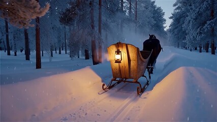 A vintage wooden sleigh with a glowing lantern travels down a snowy road through a pine forest on a cold winter's night - Powered by Adobe