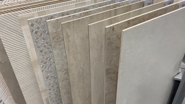 Large Format Floor Tile Samples Display in Home Improvement Store | Variety of Beige and Gray Ceramic Tiles with Different Textures | Showroom Interior Design Materials Selection