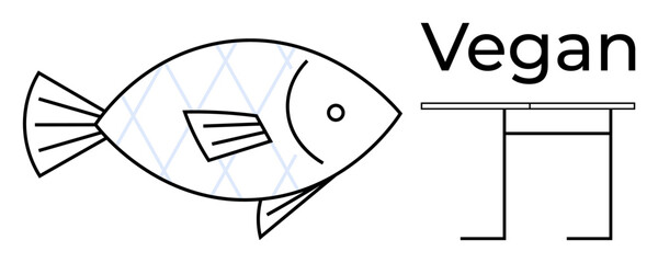 Fish outline with abstract pattern next to text reading Vegan and minimalist table icon. Ideal for dietary themes, ethical eating, health awareness, culinary choices, veganism, sustainability, or