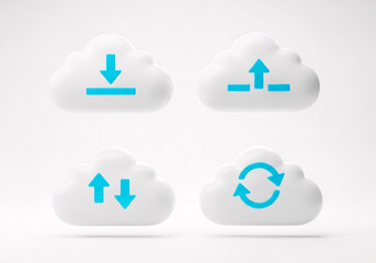 Four stylized white cloud icons with blue symbols representing data download, upload, bidirectional transfer, and sync, isolated on a white background. isolated on white background