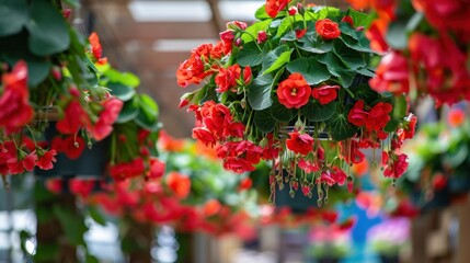 Vibrant red begonias in hanging baskets create a colorful display in a garden setting. The flowers are lush and full, showcasing their bright petals and green foliage.