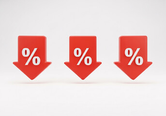 Three red arrows with percentage symbols pointing down, symbolizing decrease, sales, or economic decline on a white background. isolated on white background