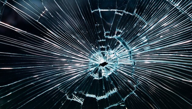 cracked glass surface exhibiting radial fracture patterns with a central impact point close up view of the intricate breakage on a dark background