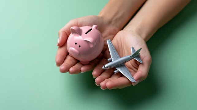Hands presenting piggy bank and toy airplane representing affordable travel planning and financial savings