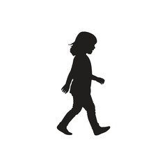 Silhouette of a small child walking to the right on a white background in a studio setting, side view