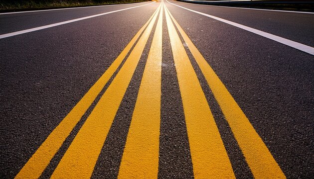 yellow road markings on asphalt roadway close up view of the textured markings on a paved surface highway markings with specific location - Powered by Adobe