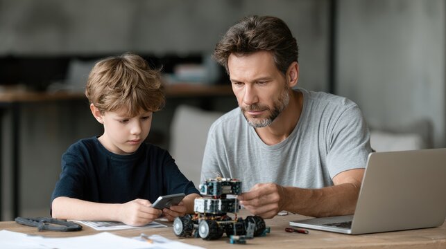 Father and Son Engaged in Robotics Project at Home, Nurturing STEM Skills and Bonding Over Technology
