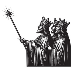 Three kings holding star staff crowns robes