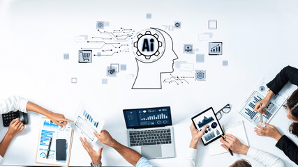 Business professionals engage in a collaborative environment focused on artificial intelligence, showcasing technology and data-driven strategies to enhance productivity. Trope