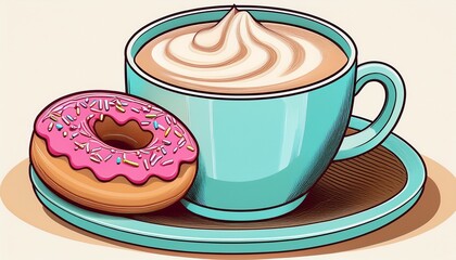 coffee cup with latte and donut