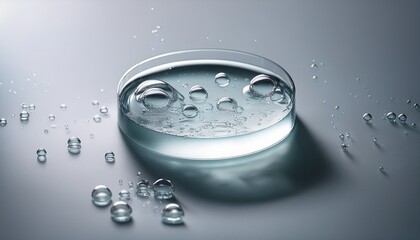 clear gel substance with air bubbles displayed on a light gray surface cosmetic product sample with a smooth texture and dispersed air bubbles
