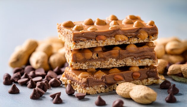 stacked chocolate peanut butter protein bars reveal layered interior with chocolate chips raw peanuts chocolate chips surround bars high protein snack photo delicious dessert close up healthy - Powered by Adobe