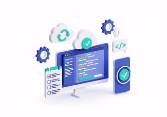 Conceptual illustration of software development lifecycle with cloud computing, coding, checklist, and mobile app integration elements, presented on white background. isolated on white background