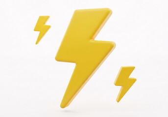 Three yellow 3d render lightning bolt symbols isolated on a white background representing power, energy, and speed isolated on white background