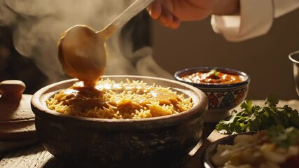 Step-by-step process of serving aromatic steaming rice traditional Indian
