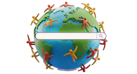 Globe with people and search bar isolated on transparent background
