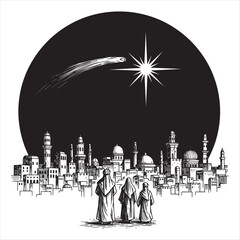Three figures observe a star over a city people robes