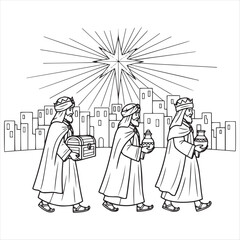 Three kings bearing gifts walk past city buildings under star walking